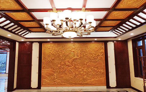 后安镇中式别墅客厅中式木作横梁吊顶装饰展示